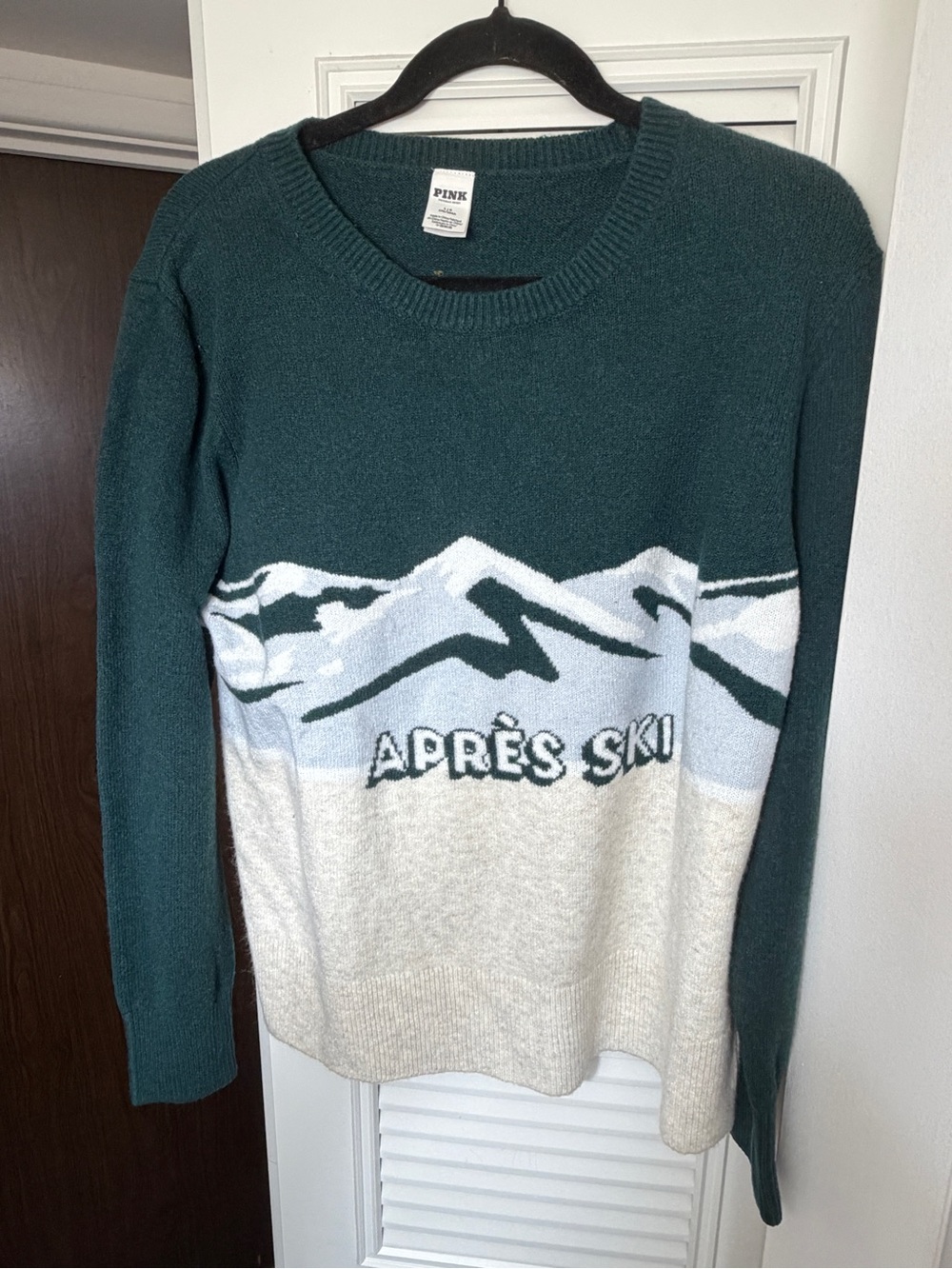 PINK Victoria's Secret Forest Green and Cream Après Ski Crewneck Sweater